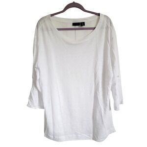 Adrienne Vittadini 1X White Linen Top Roll Tab Half‎ Sleeve Plus Sz Boatneck NEW
